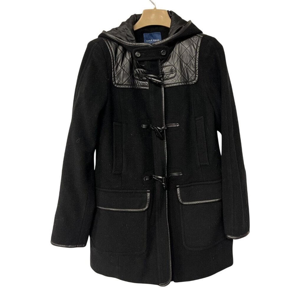 Cole Haan Womens Black Toggle Wool Coat With Hood & Quilted Accents Size 10